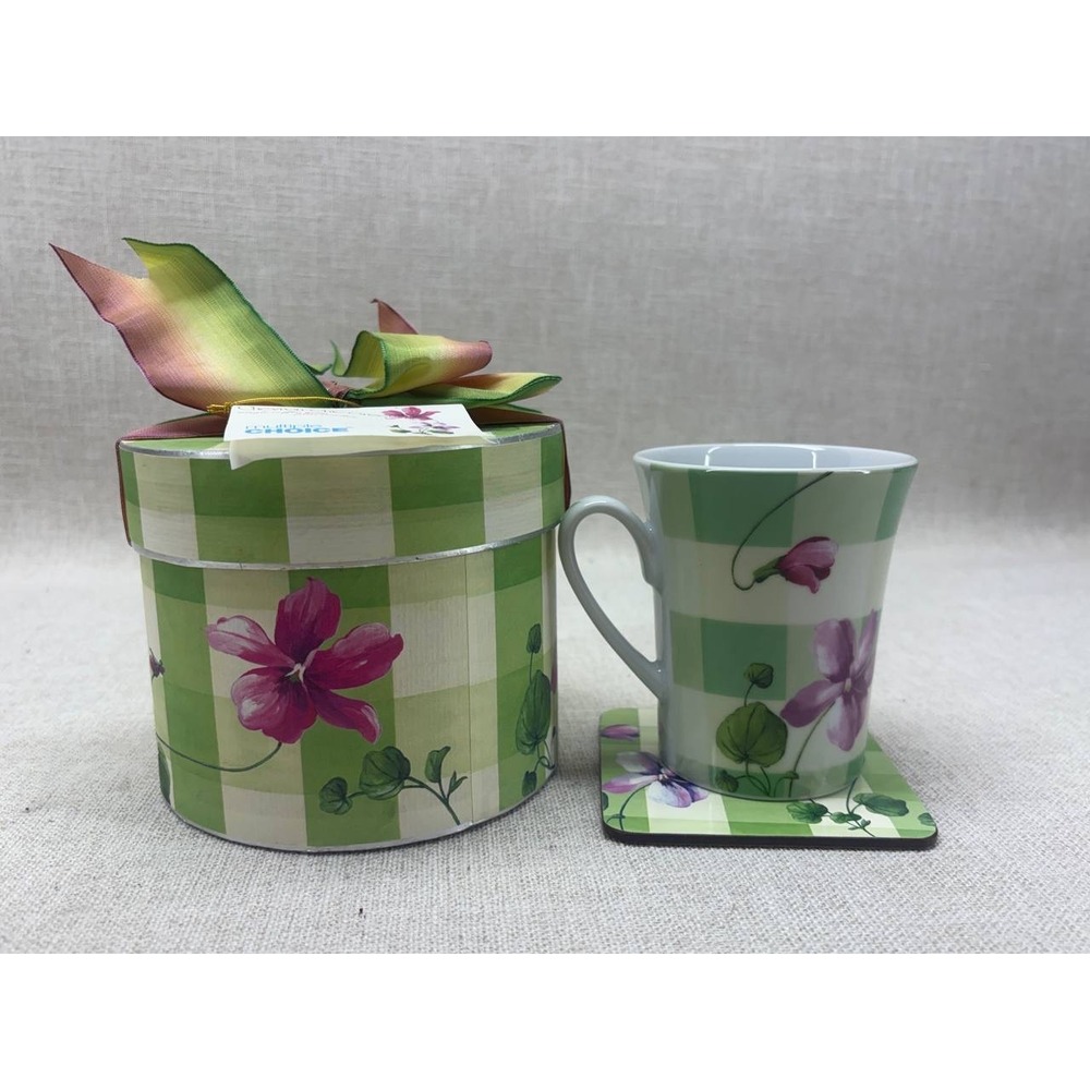 Multiple Choice Chevron Chic Green Floral Mug and Coaster Gift Set New
